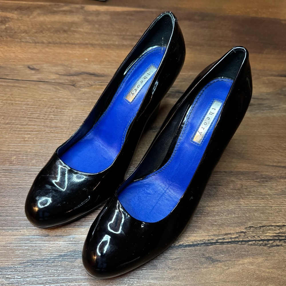 Theory Square Heel Pumps Shoes Size 6 Black All Leather Classic Heels